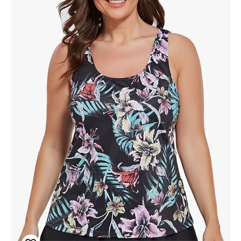 Fullfitall black tropical floral tankini top XXL 20